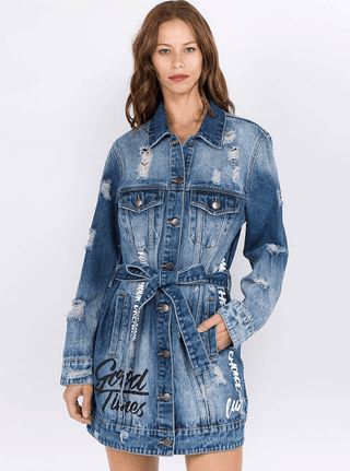 Graphic Distressed Denim Jacket (Plus Size) - Taryn x Philip Boutique