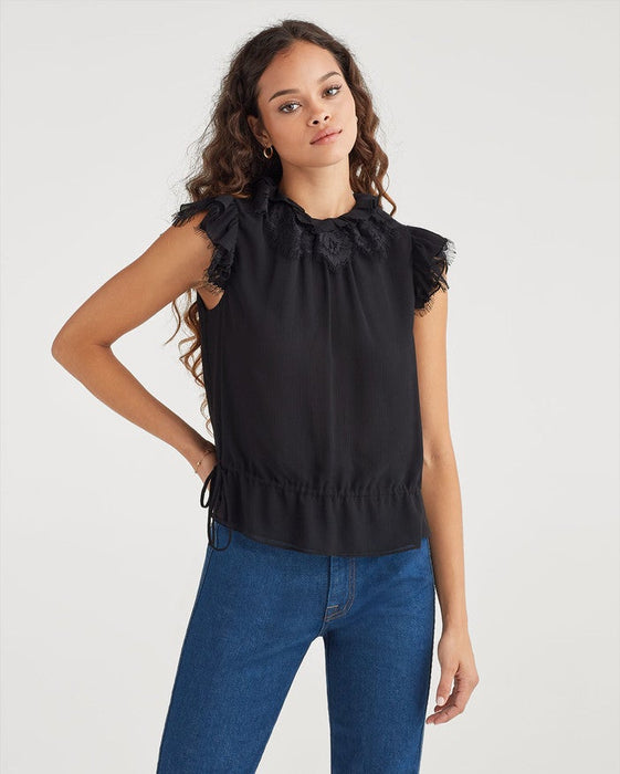 7 For All Mankind Ruffle Neck Chiffon Sleevless Top in Jet Black