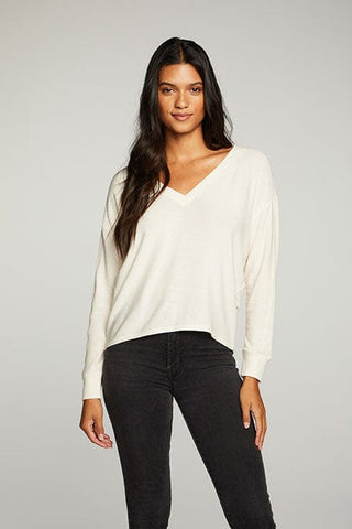 Chaser Brand Rpet Cozy Knit Deep V Drop Shoulder Pullover in Eggnog - Taryn x Philip Boutique