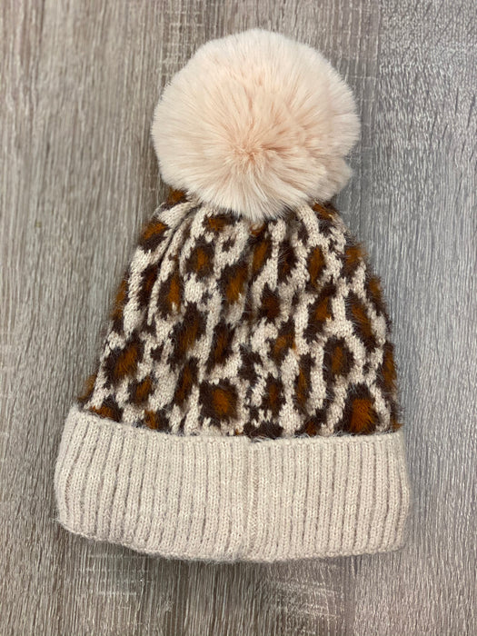 Winter Leopard Beanie with Pom Pom - Multiple Colors